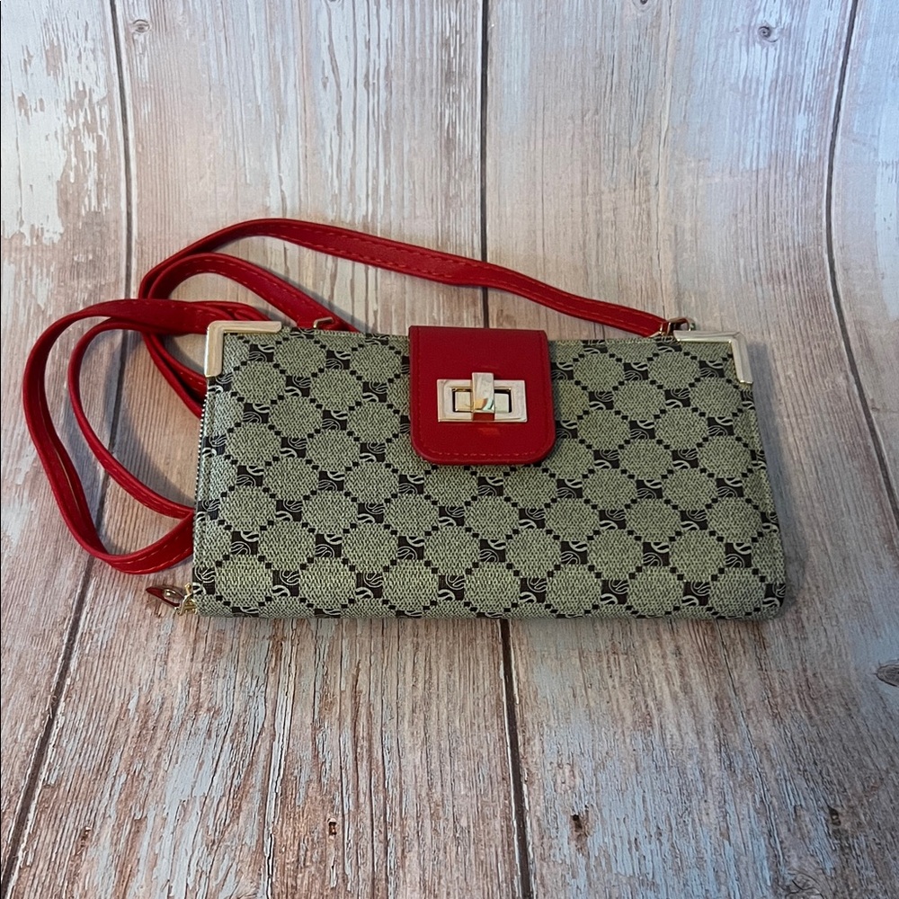 Monogram Pattern Crossbody Wallet Bag with Red Accents NWOT